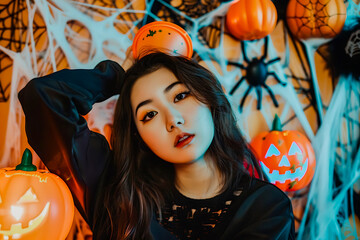 Asian woman holding a jack o’ lantern pumpkin on her head with Halloween decorations, spiders, and cobweb background. Perfect for spooky holiday, autumn, and festive design.