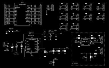 Schematic diagram of electronic device on paper sheet. Vector drawing electrical circuit with connector,
resistor, capacitor, integrated circuit, microcontroller,
coil, diode on transparent background