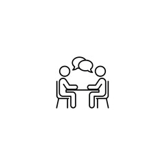 Two people sitting at a table talking with speech bubbles above them