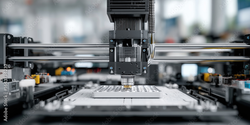 Poster close up of 3d printer advanced automated production line with focus on precision machinery in moder