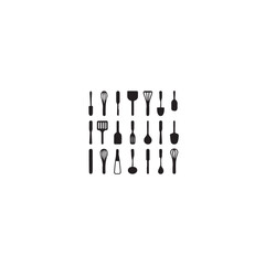 Collection of kitchen utensils in black silhouette on a white backdrop icon set