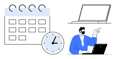 Fototapeta na wymiar Calendar with clock, laptop, and professional at desk pointing. Ideal for time management, productivity, organization, scheduling, remote work, office tasks simple flat metaphor