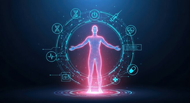 Human body with medical technology icons in digital futuristic background
