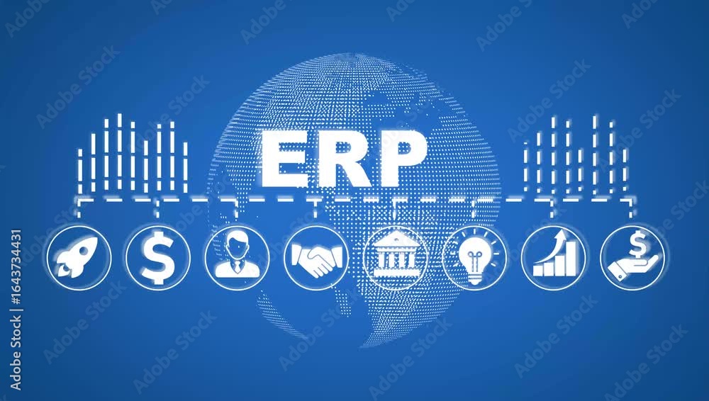 Poster erp - enterprise resource planning solution software or application construction concept on virtual 