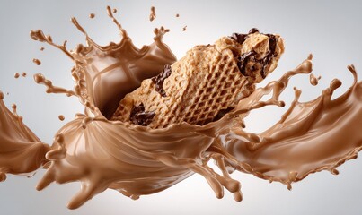 Chocolate-covered waffle stick plunging into rich, creamy milk chocolate, creating a dramatic splash and spray