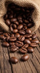 Fototapeta premium Roasted Coffee Beans Spill from Burlap Sack onto Rustic Wood