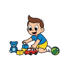 Happy young boy playing with toy blocks and cars at home  