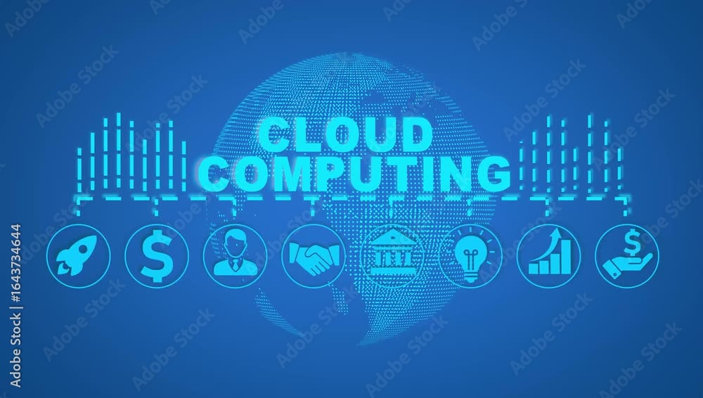 Poster computing concept video icons set infographic background. scalability, virtualization, elasticity, r