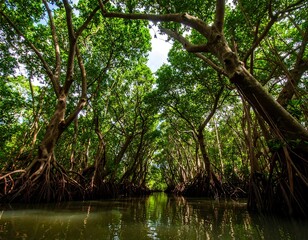 Lush green forest over waterway