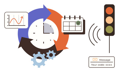 Circular workflow with arrows, clock, graph, calendar, gears, traffic light, and wireless signal icon. Ideal for productivity, efficiency scheduling analytics planning automation technology