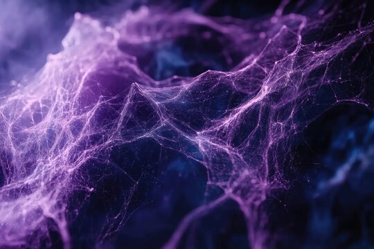An abstract image depicting a complex network of glowing purple and blue lines resembling a spiderweb or neural network against a dark background, with a hazy, smoky effect