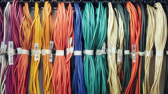 Colorful electrical wires are hanging neatly in row
