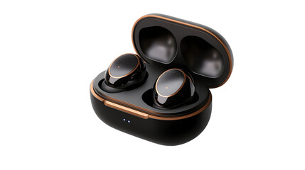 Close up shot of black and gold wireless earbuds in an open charging case on a black background
