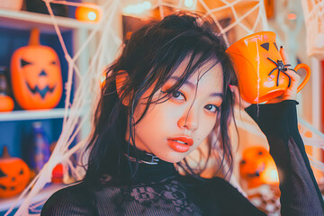 Asian woman holding a jack o’ lantern pumpkin on her head with Halloween decorations, spiders, and cobweb background. Perfect for spooky holiday, autumn, and festive design.