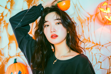 Asian woman holding a jack o’ lantern pumpkin on her head with Halloween decorations, spiders, and cobweb background. Perfect for spooky holiday, autumn, and festive design.