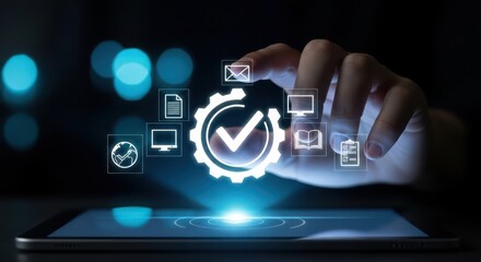Automation process management with a hand touching a virtual interface