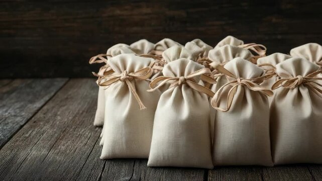 Rustic burlap sacks tied with twine on aged wooden surface