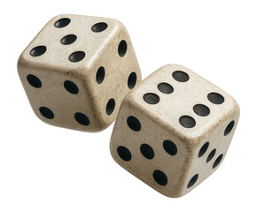 Two old white and black dice floating mid-air.