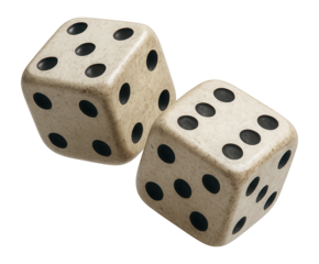 Two old white and black dice floating mid-air.