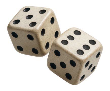 Two old white and black dice floating mid-air.