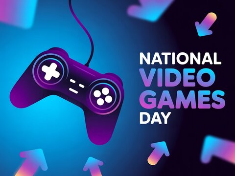 Celebrate national video games day with a classic controller and glowing arrows on a dark background - Powered by Adobe
