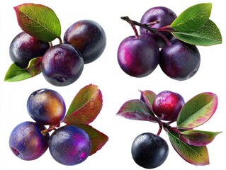 Four clusters of dark-purple plums with vibrant green and red leaves, glistening with moisture, isolated on a white background, showcasing variations in plum color and leaf hues