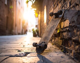 Vintage longboard leaning on an old brick wall in a sunlit urban alleyway. The warm glow of the sunset creates a serene and nostalgic atmosphere.