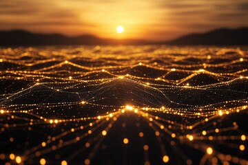 Glowing network of interconnected points forming undulating hills against a sunset backdrop.  The scene evokes a sense of digital landscape or data visualization