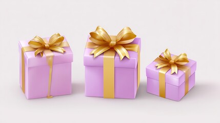 Obraz premium 3D lifelike pink gift boxes adorned with golden bows. Paper boxes with ribbons and shadows, isolated on a light backdrop.
