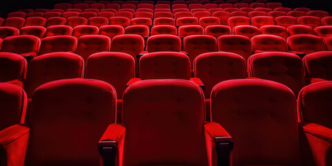 Fototapeta premium Rows of red upholstered seats in dimly lit auditorium create dramatic and inviting atmosphere