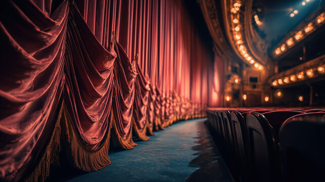 Back Rows of high red curtains on theater stage create elegant and dramatic atmosphere - Powered by Adobe