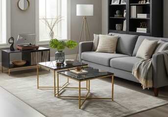 Modern living room with a grey sofa, coffee tables, and decorative accents