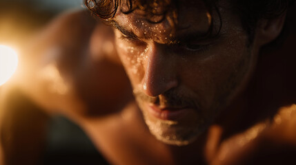 Intensity Personified: A close-up shot of a focused, muscular man sweating intensely during a workout, encapsulating raw determination, physical exertion.