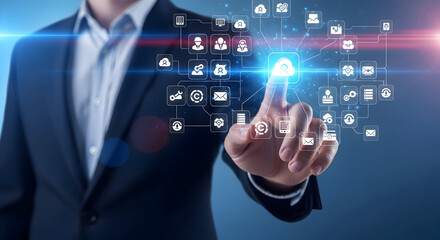 Businessman interacting with futuristic cloud computing network, technology concept