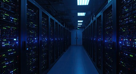 High-Tech Server Room Aisle: Blinking Blue and Green Lights in a Modern Data Center Infrastructure