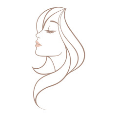 Minimal line art woman face in profile with long flowing hair and closed eyes