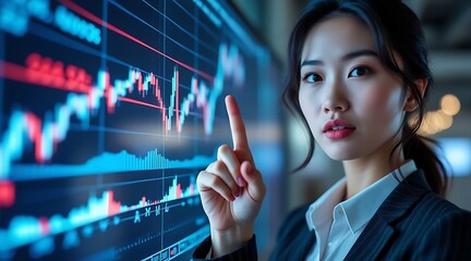 Woman points at stock market graph on digital screen