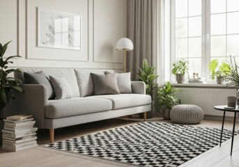 A bright and modern living room with a comfortable sofa and plants