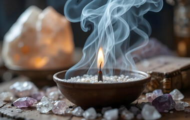 Close up shot of burning incense with white smoke in a bowl with crystal gemstones in the background, in 4K slow motion