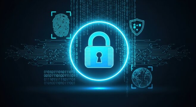 Cybersecurity concept with a padlock and digital icons in a blue design - Powered by Adobe