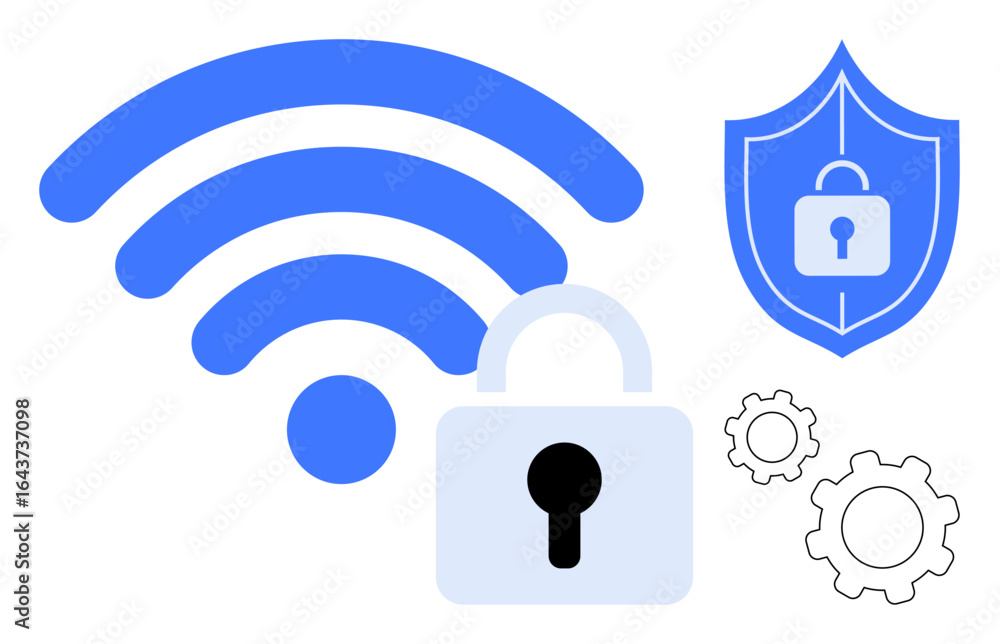 Poster wireless signal, padlock, secure shield, and gear icons represent network security, data encryption,