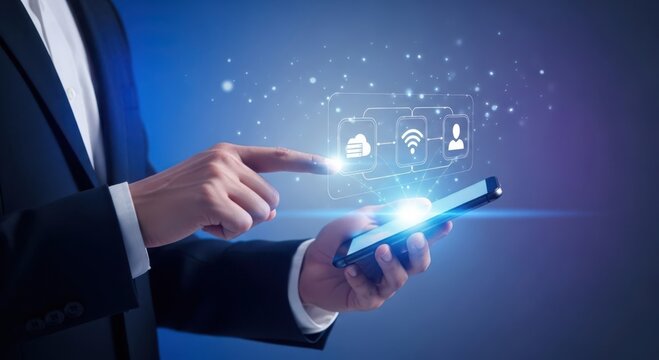 Businessman using a smartphone with cloud computing and data icons