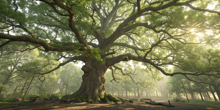 A colosal majestic old oak tree with sprawling branches in a lush green forest, bathed in warm sunlight, creating a serene and idyllic natural landscape