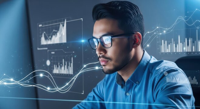 Young man analyzing financial data and market statistics on computer screen