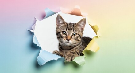 An adorable cute cat peeking through a ragged hole in a vibrant, multicolored pastel background, showcasing its curious whiskers.