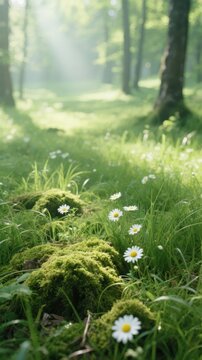Sunlit Forest Floor with Daisies and Moss