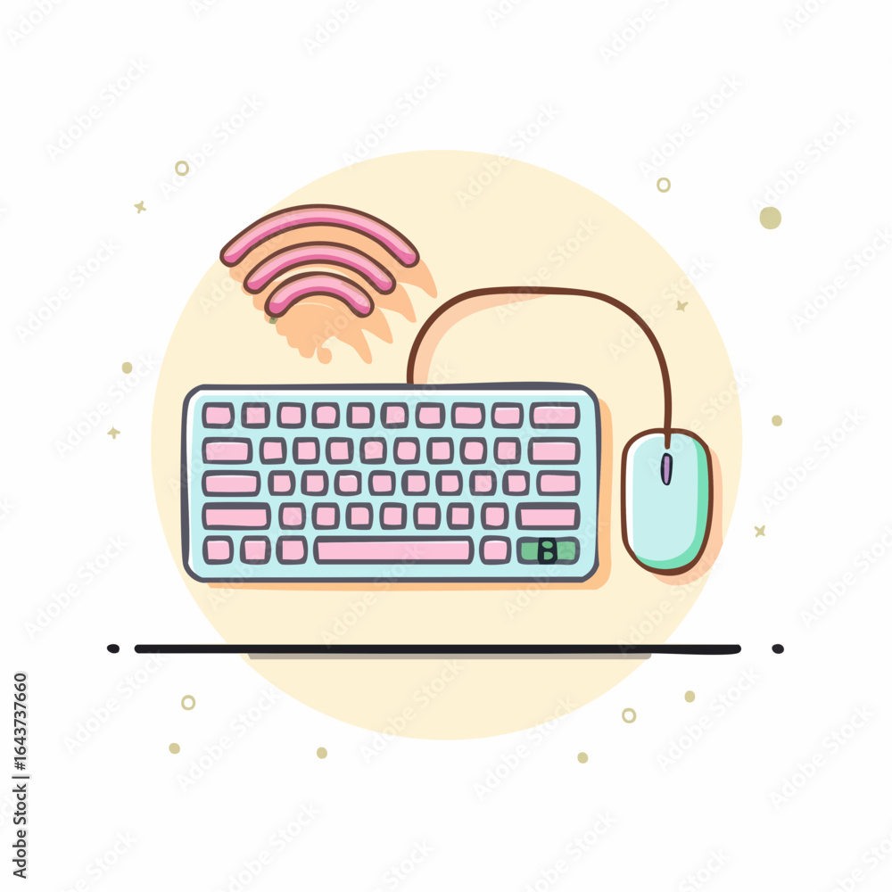 Poster wireless keyboard and mouse illustration with wifi symbol isolated on white