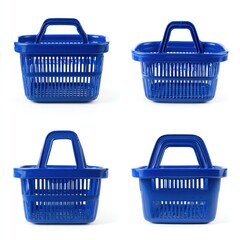 Fototapeta premium Four identical bright blue plastic shopping baskets with handles, shown from different angles against a white background