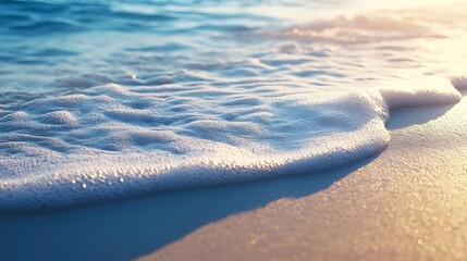 Close up view of ocean waves washing onto the sandy beach on a bright and sunny day at the coast