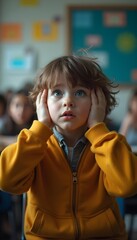 Autistic child boy in classroom covering ears to block sound showing signs of sensory overload autism ADHD spectrum anxiety meltdown distress neurodiversity inclusion